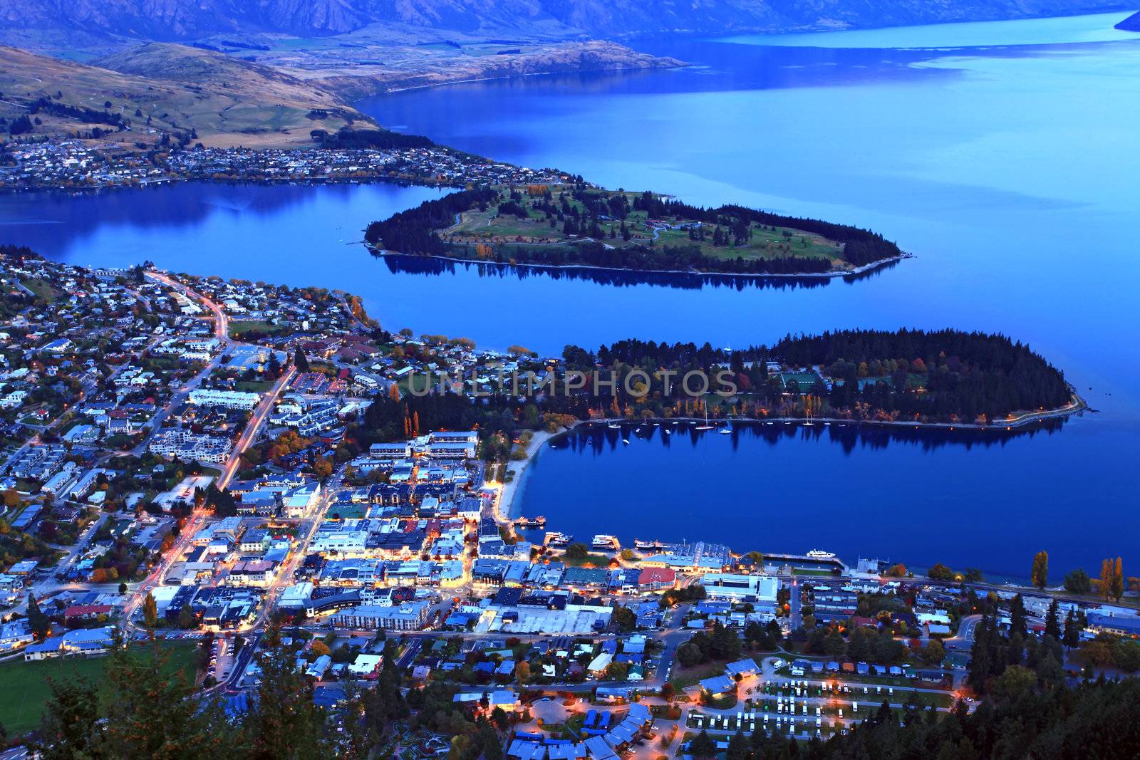 aerial view of queenstown downtown at dusk