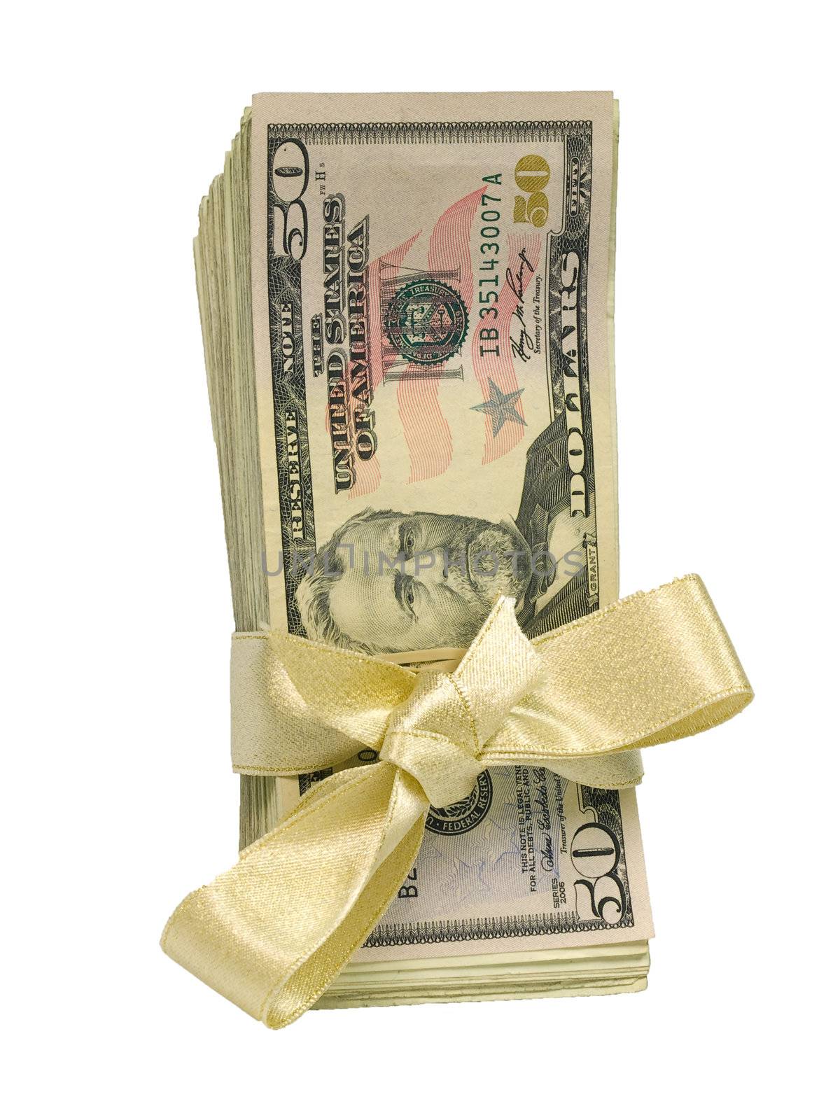 United States Currency Wrapped in a Gold Ribbon as a Gift Fifties