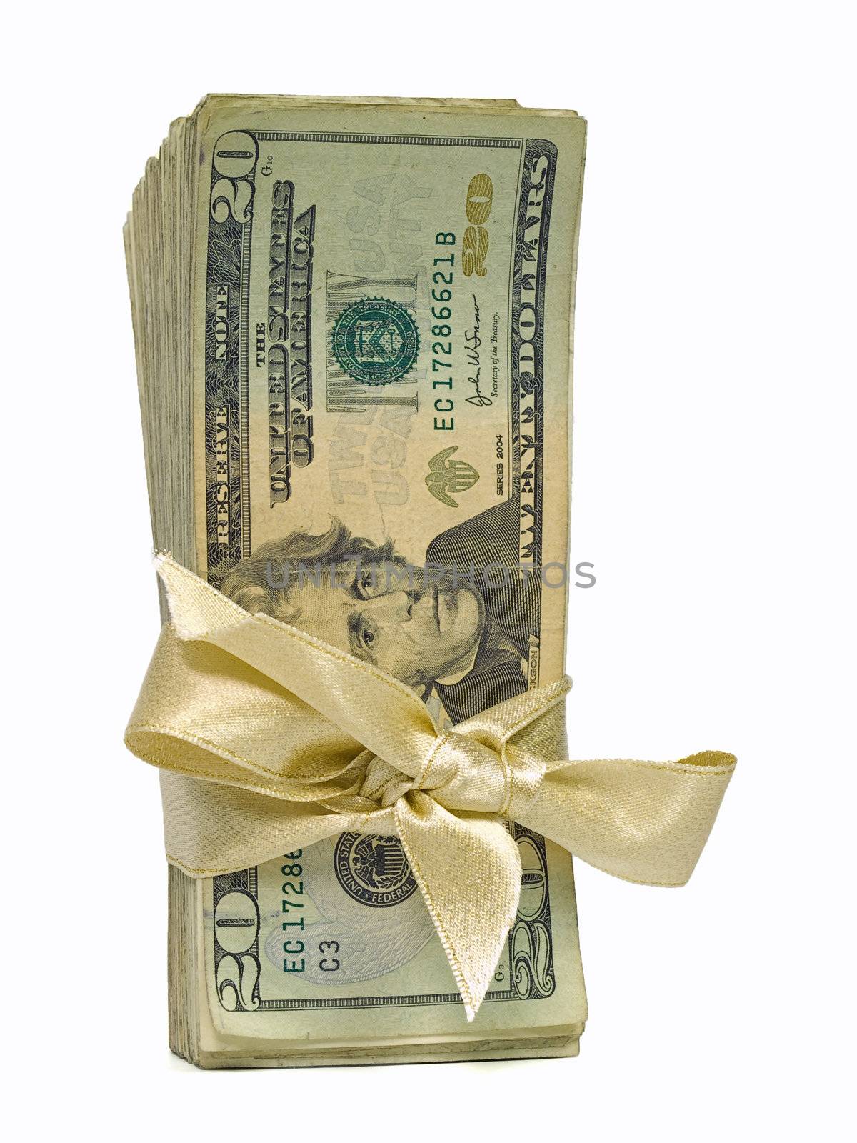 United States Currency Wrapped in a Gold Ribbon as a Gift Twenties