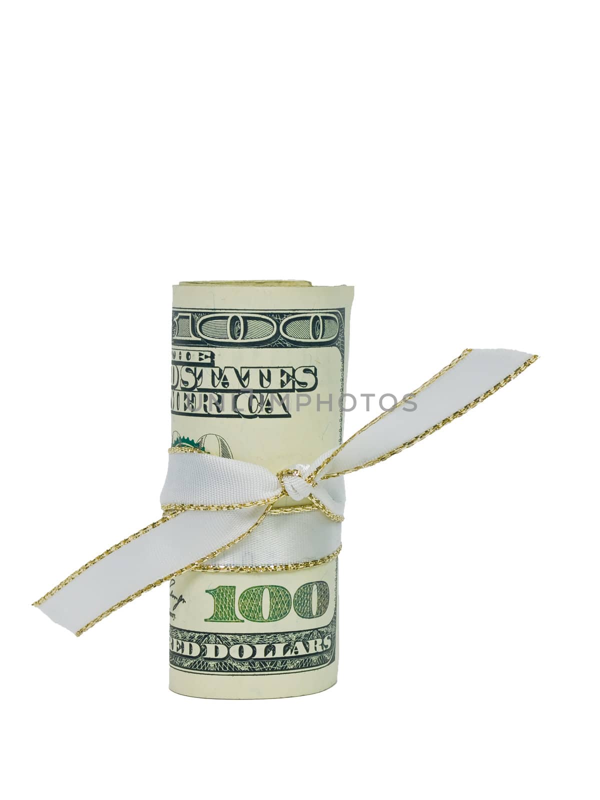 A single US Banknote rolled and tied with a white ribbon.