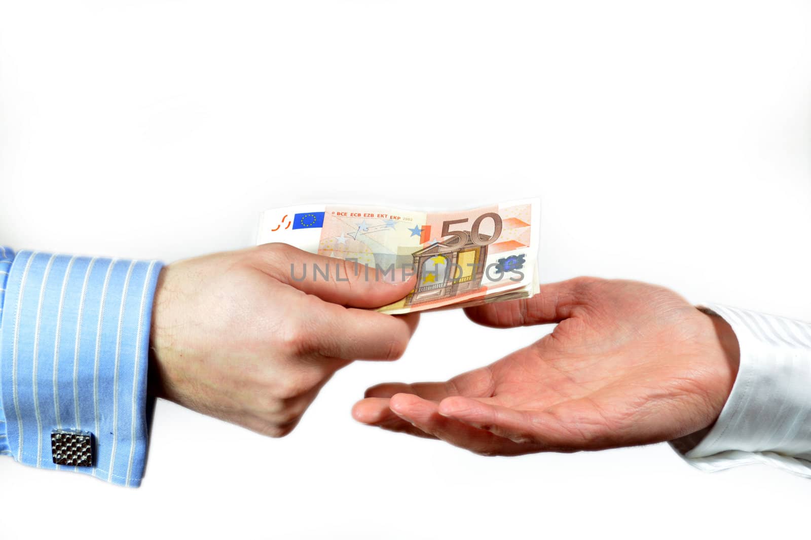 Male hand paying 50 euros to someone else, isolated on white