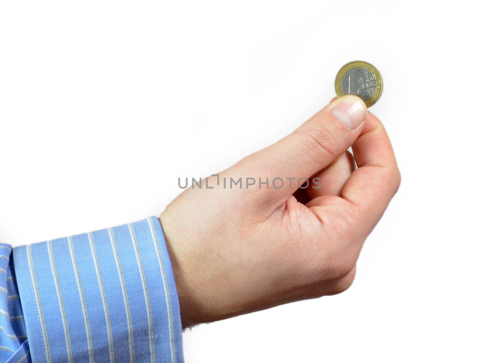 Single hand holds a 1 euro coin. Isolated on white background