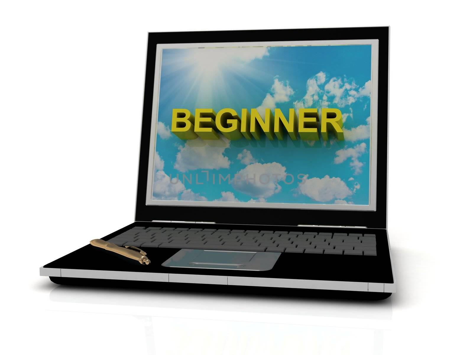 BEGINNER sign on laptop screen of the yellow letters on a background of sky, sun and clouds