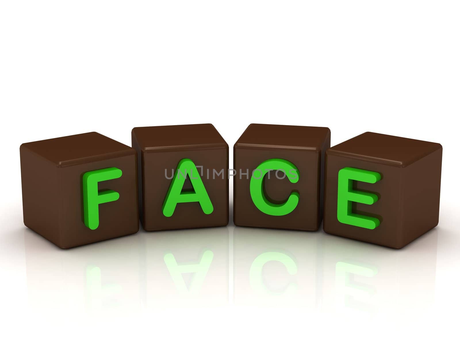 FACE inscription bright green letters on the cubes of chocolate isolated on white background