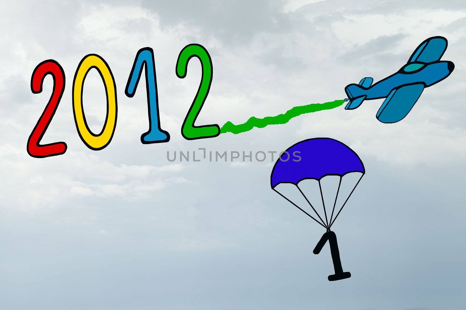 2012 new year, banner, airplane and parachute