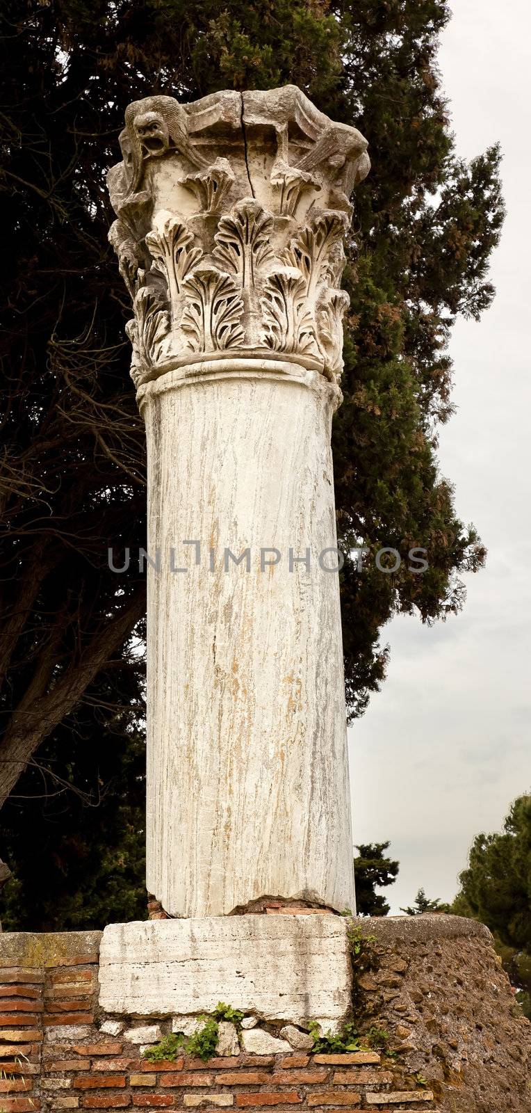 Ancient Roman Column With Stone Mask Ostia Antica Ruins Rome Italy
Excavation of Ostia, ancient Roman port, next to airport.  Was port for Rome until 5th Century AD.