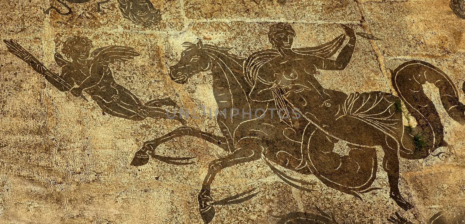 Ancient Roman Woman on Horse Cupid Mosaic Floors Baths of Neptune Ostia Antica Ruins Rome Italy
Excavation of Ostia, ancient Roman port, next to airport.  Was port for Rome until 5th Century AD.