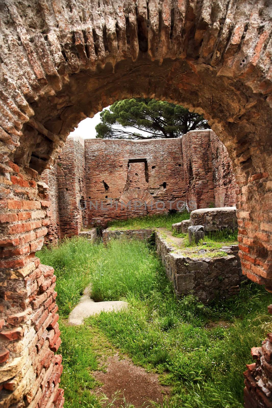 Ancient Roman Arch Ruins Ostia Antica Ruins Rome Italy
Excavation of Ostia, ancient Roman port, next to airport.  Was port for Rome until 5th Century AD.