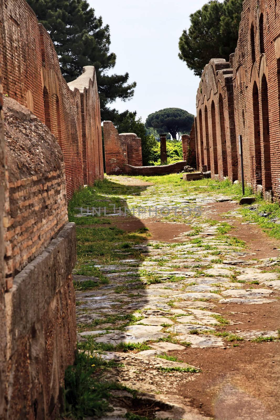 Ancient Roman Road Ruins Ostia Antica Ruins Rome Italy
Excavation of Ostia, ancient Roman port, next to airport.  Was port for Rome until 5th Century AD.