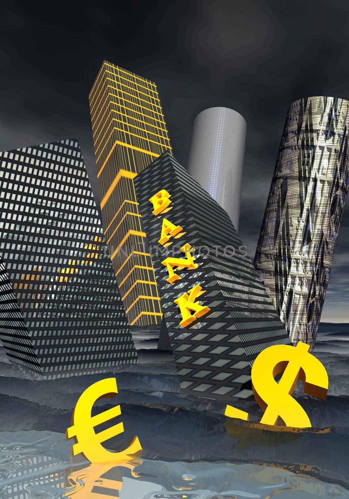 Bank building and financial skyscrapers next to dollar and euro currency drowning in the ocean to symbolize financial crisis