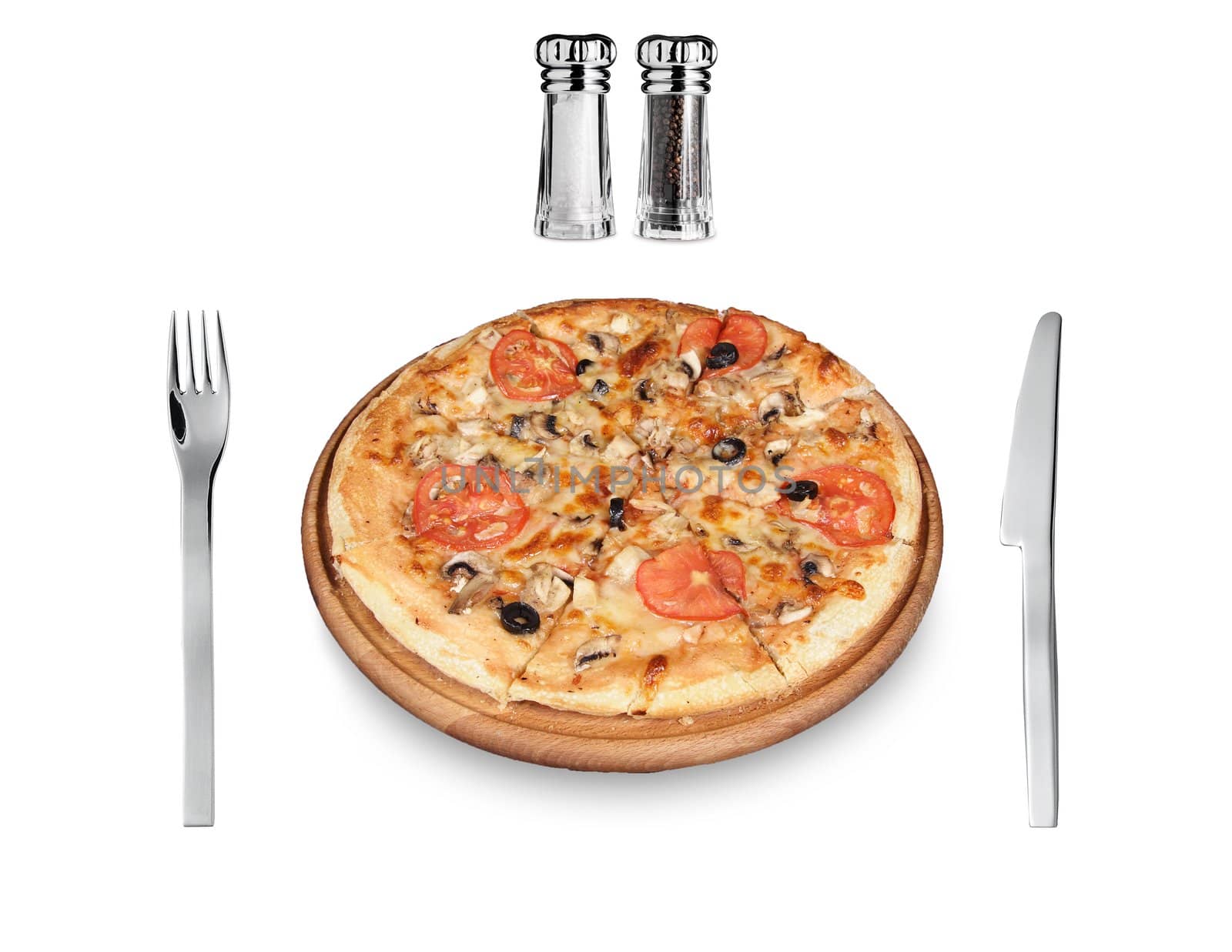 Pizza and fork, knife isolated on white