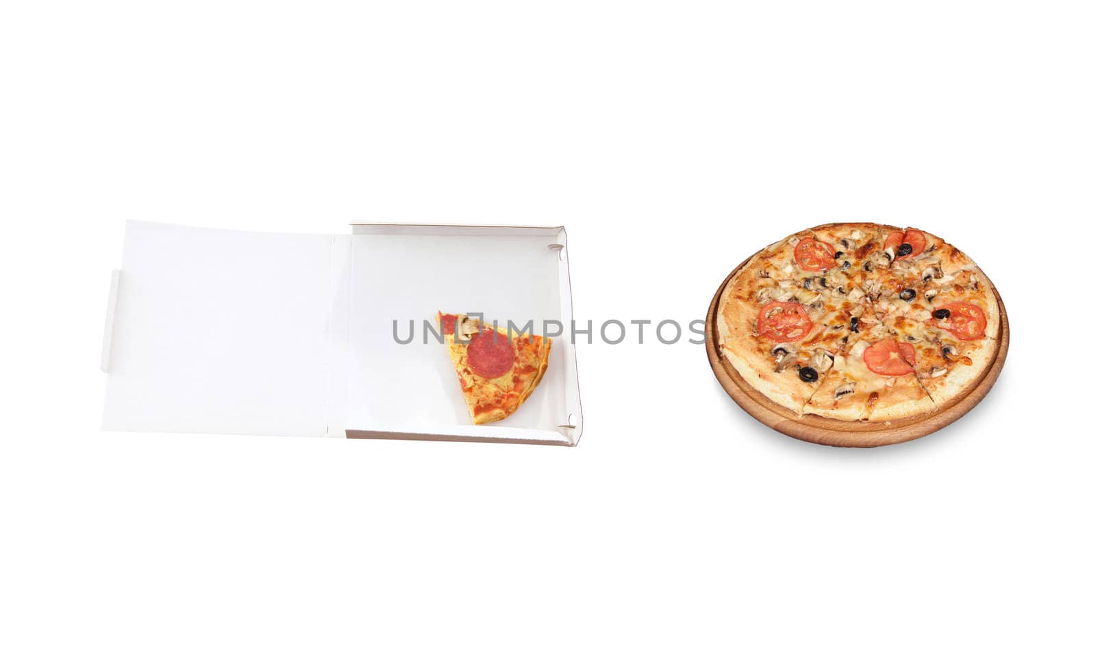 slice pizza in a takeaway box and big pizza on plate