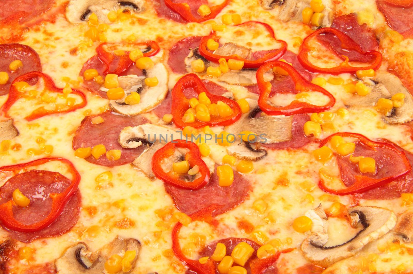 A Pepperoni pizza with corn background