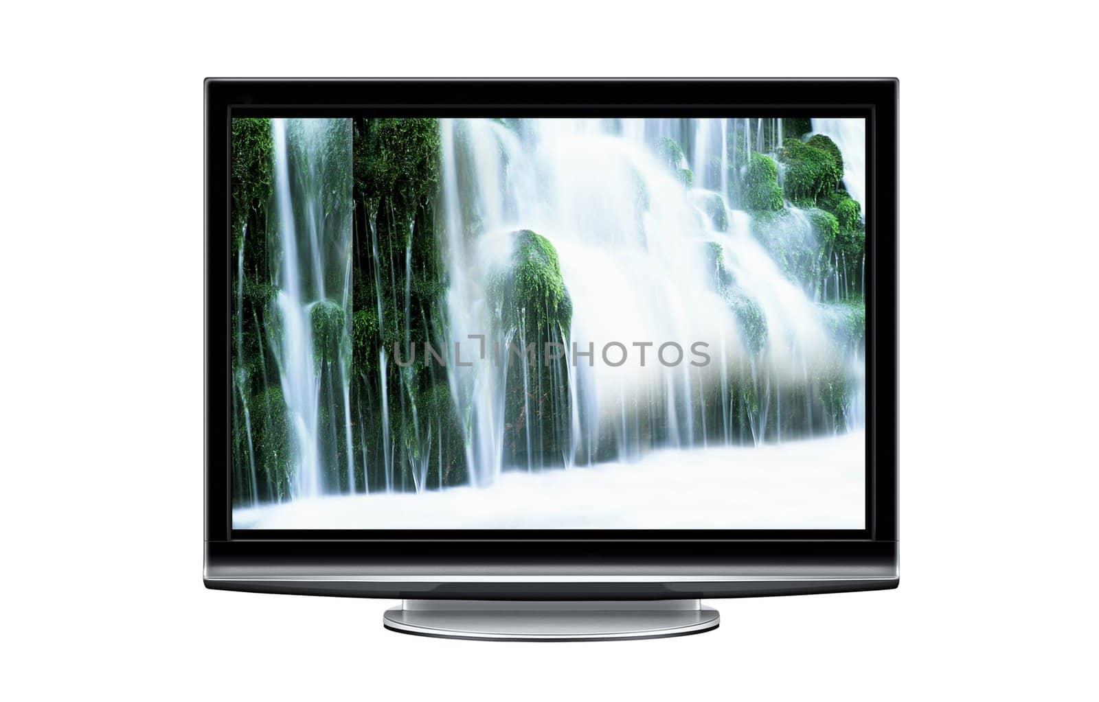 wide screen tv display with waterfall isolated on white