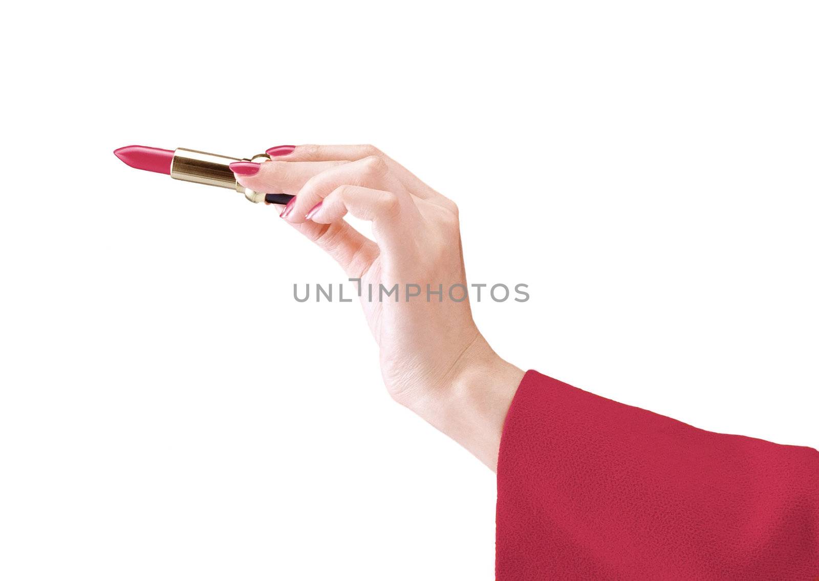 Female hand on the white hold lipstick