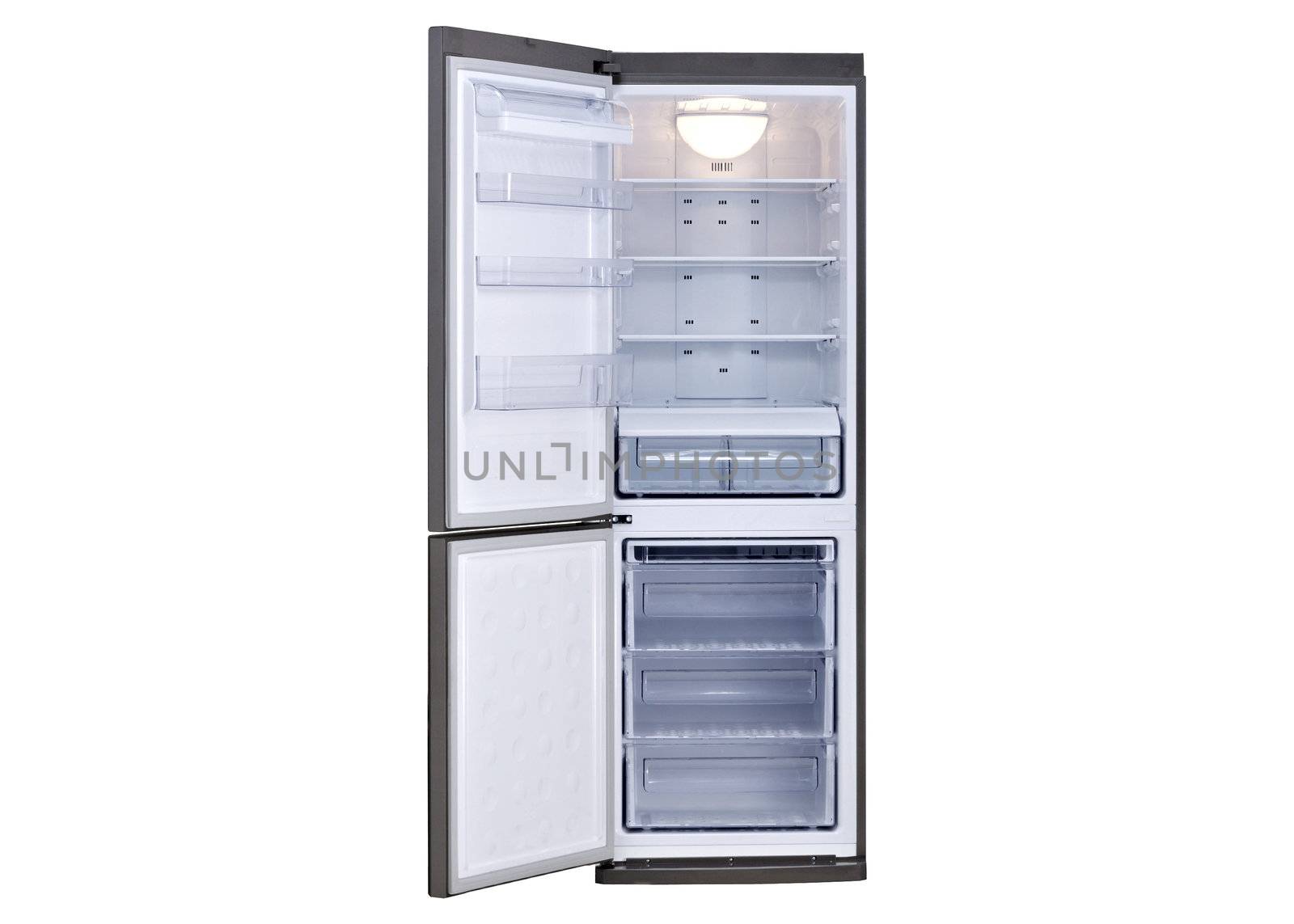 empty white refrigerator isolated on white background