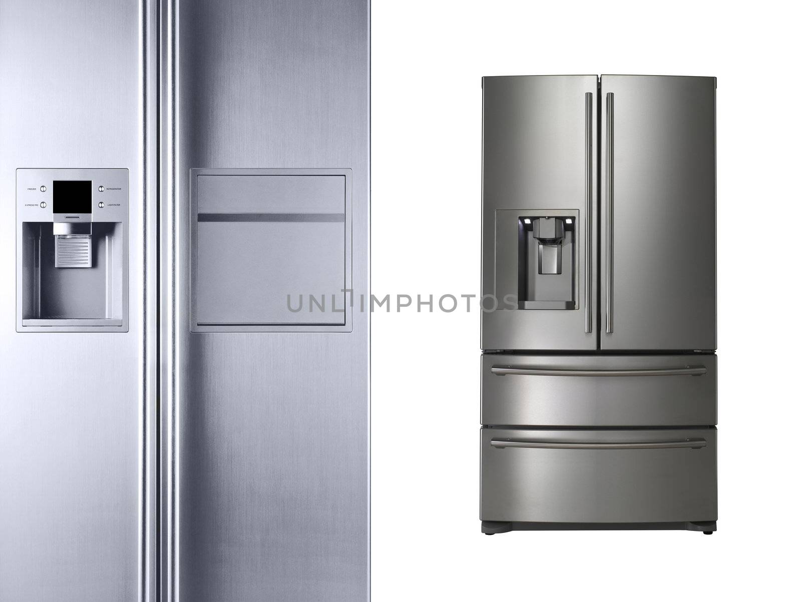 Modern refrigerators isolated on white