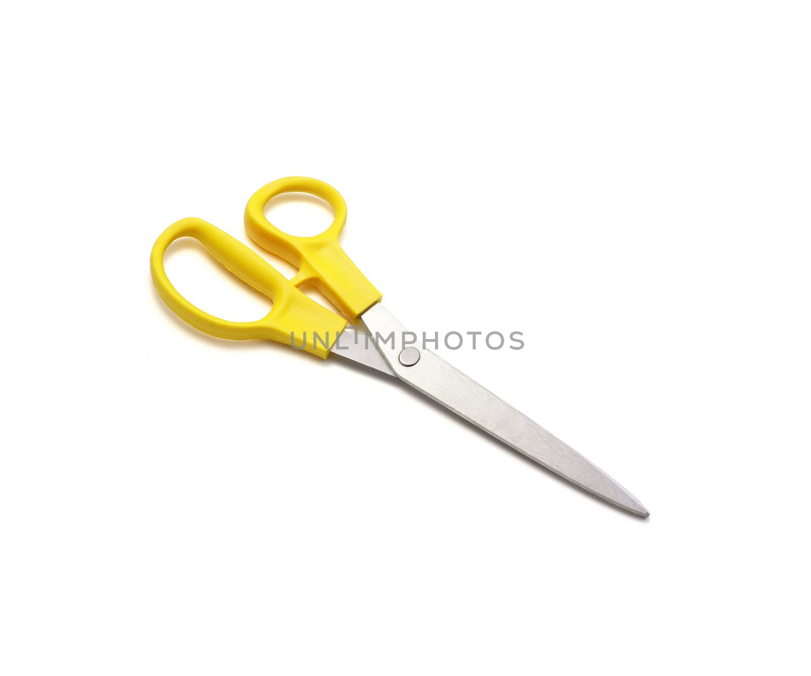 Yellow scissors isolated on a white background