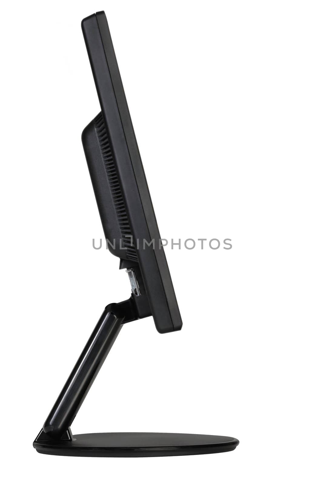 Angle view of black wide screen computer monitor isolated
