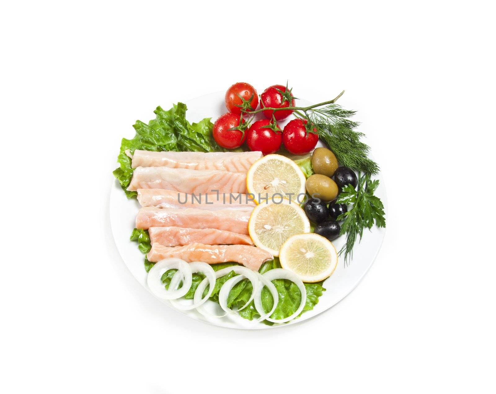 raw red fish on white plate
