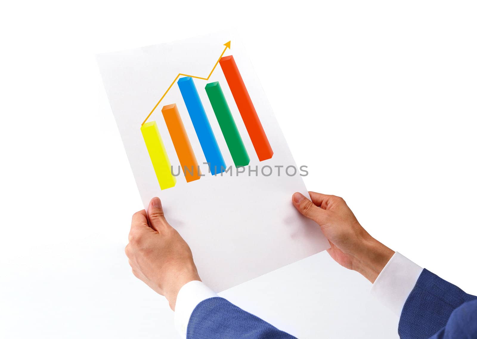 Businessman's hand showing graph isolated on white background