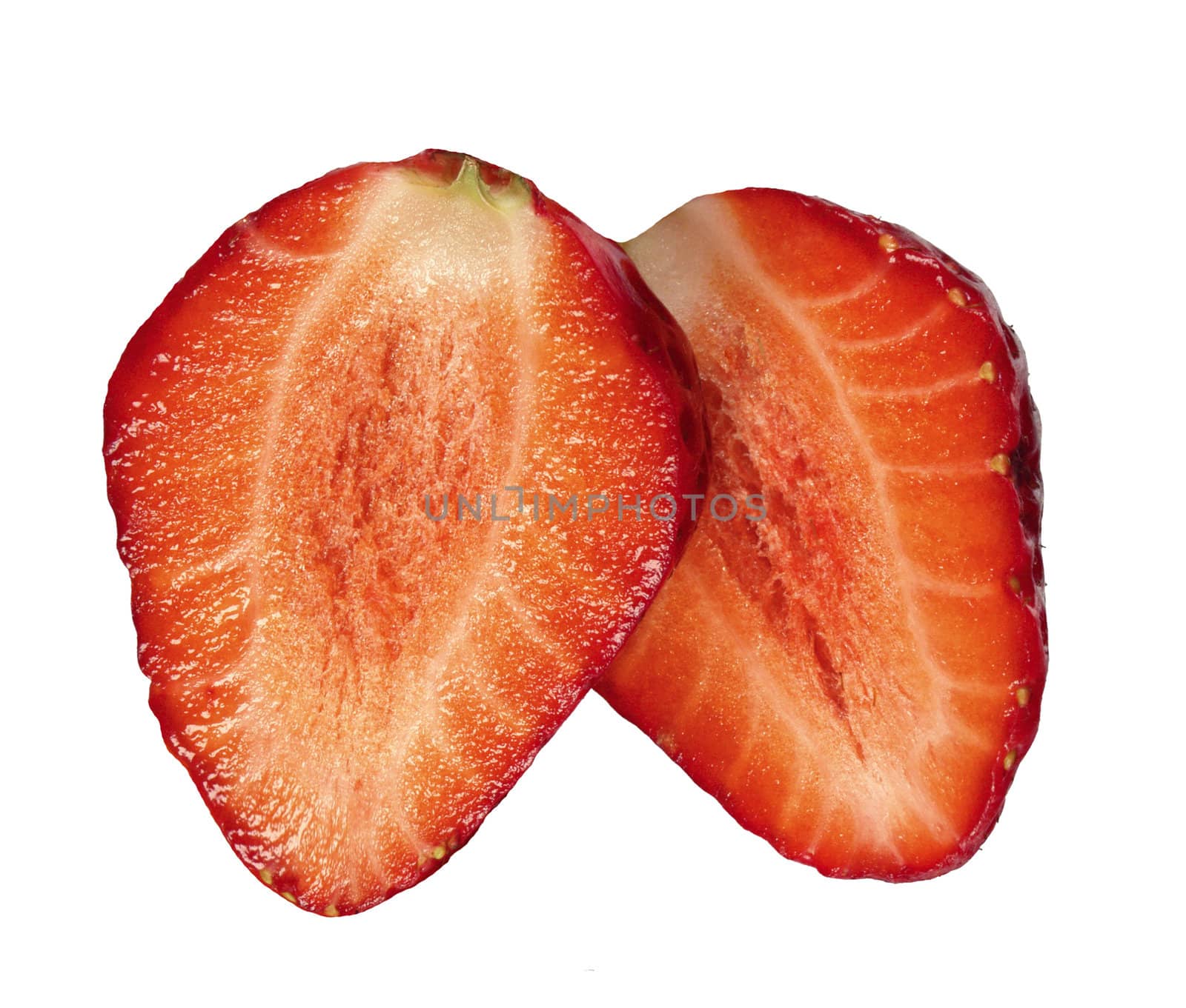 Two halves of a strawberry isolated over white background