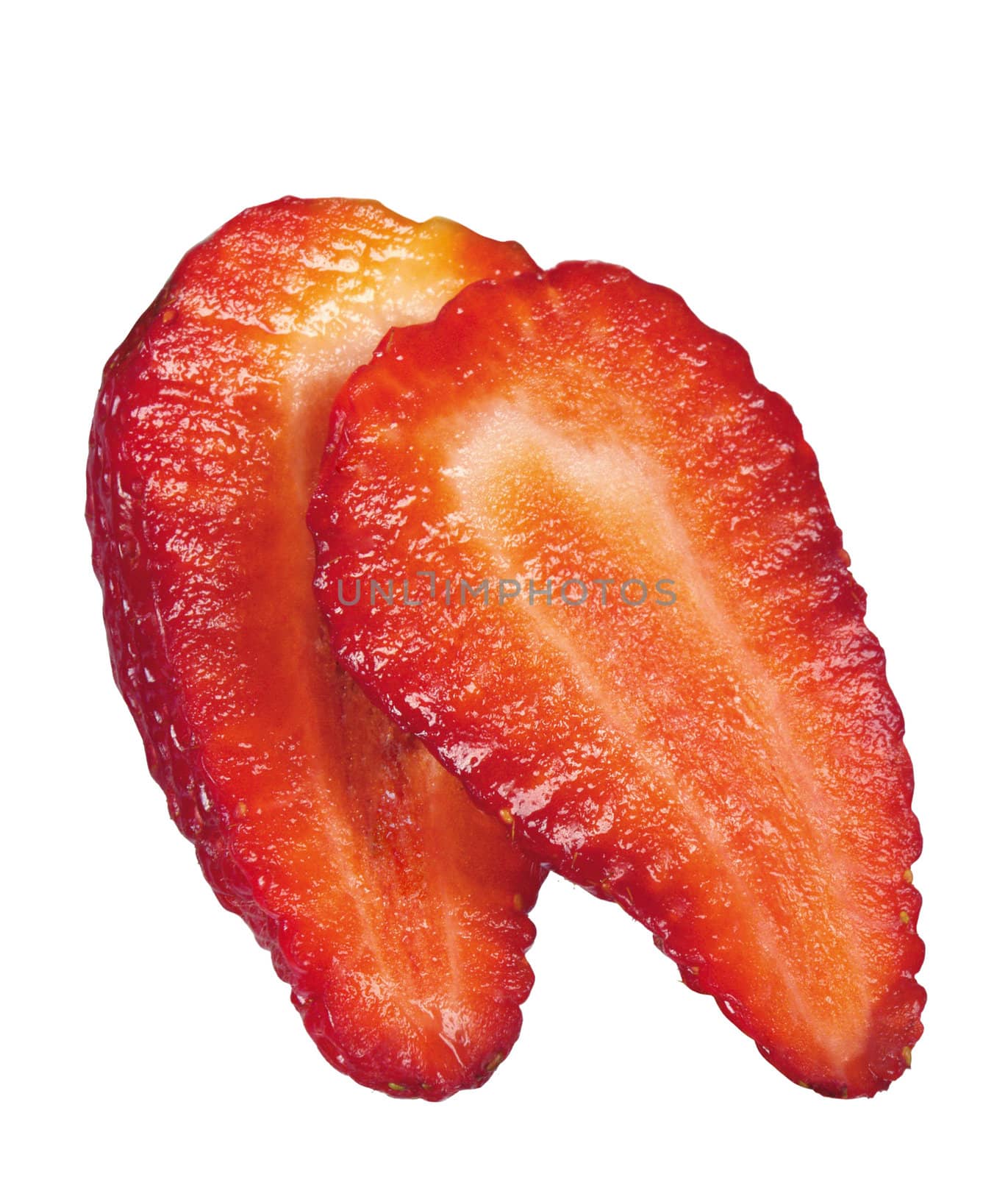 Two halves of sliced strawberry on white