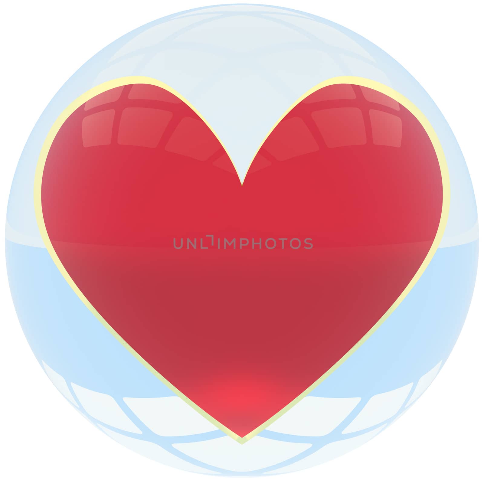 red-gold heart symbol in blue crystal ball. 3d render.