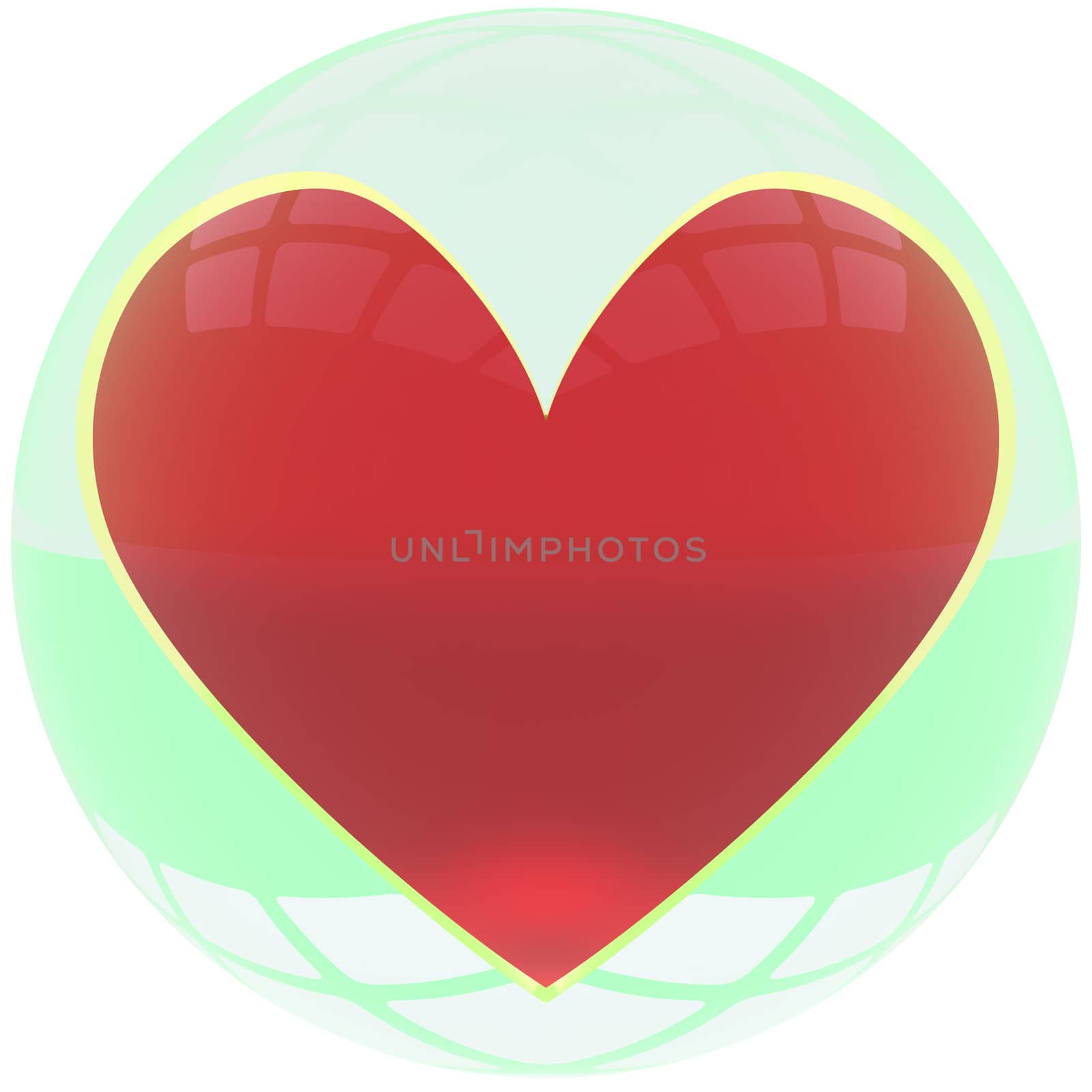 red-gold heart symbol in green crystal ball. 3d render.