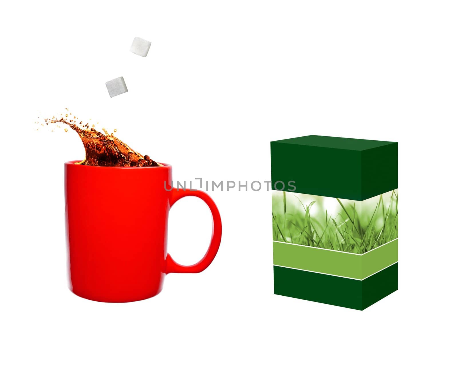 Hot cup of tea and sugar cubes and tea box