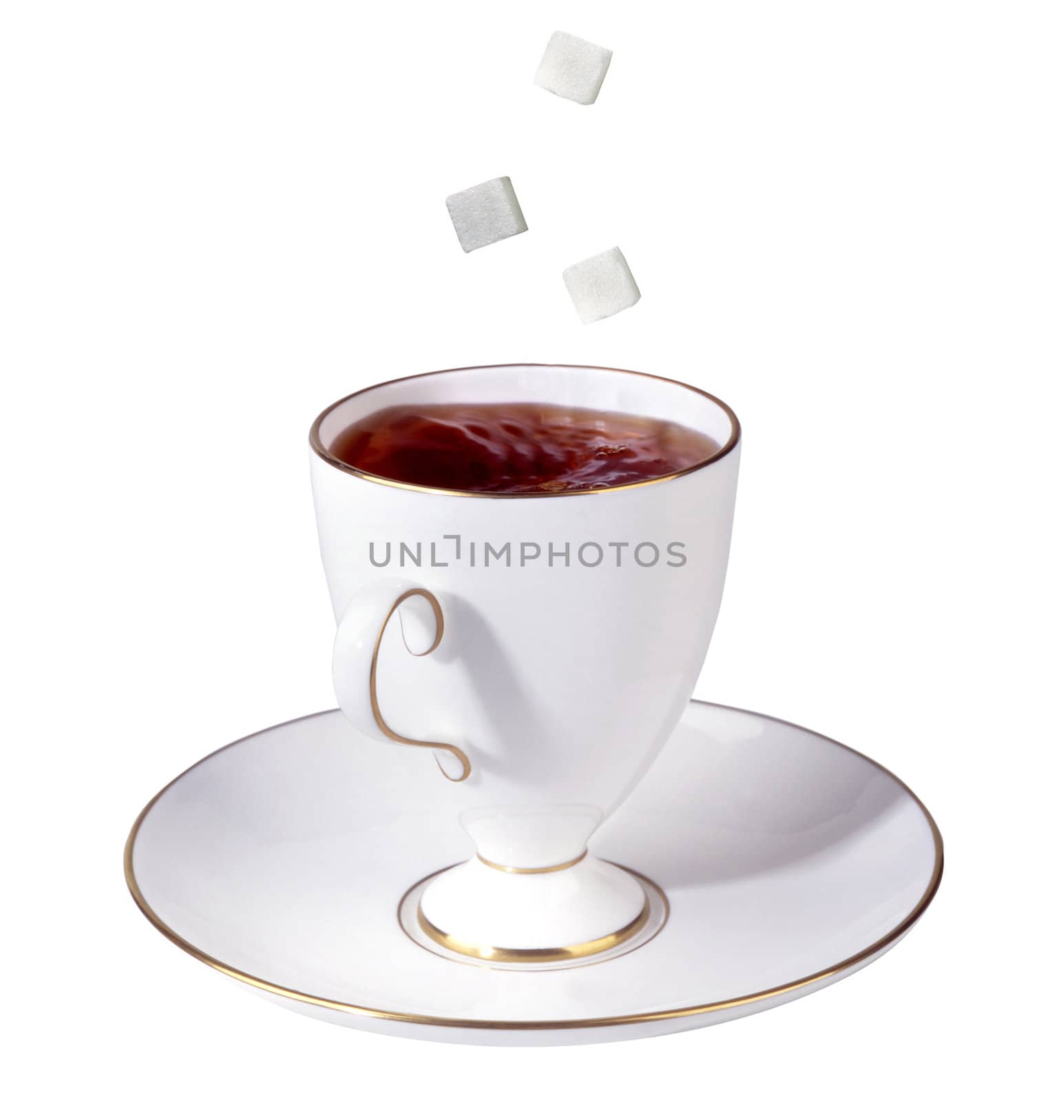 Cup of tea and falling sugar cubes