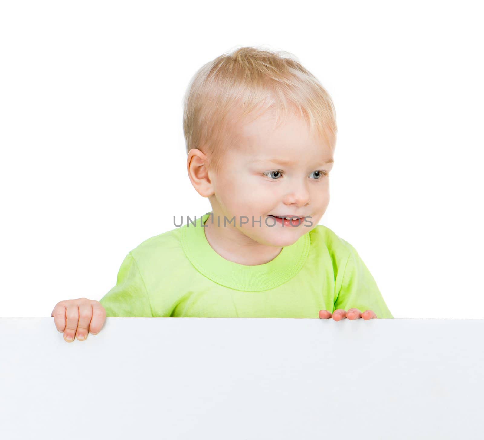 cute smiling kid with white banner