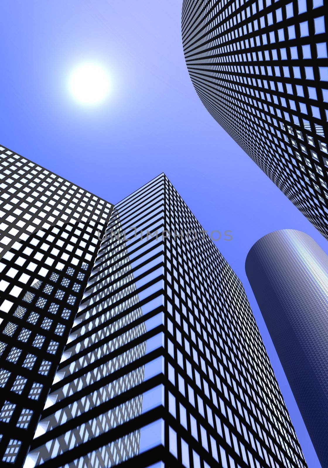 Sun and office buildings and skyscrapers in business area