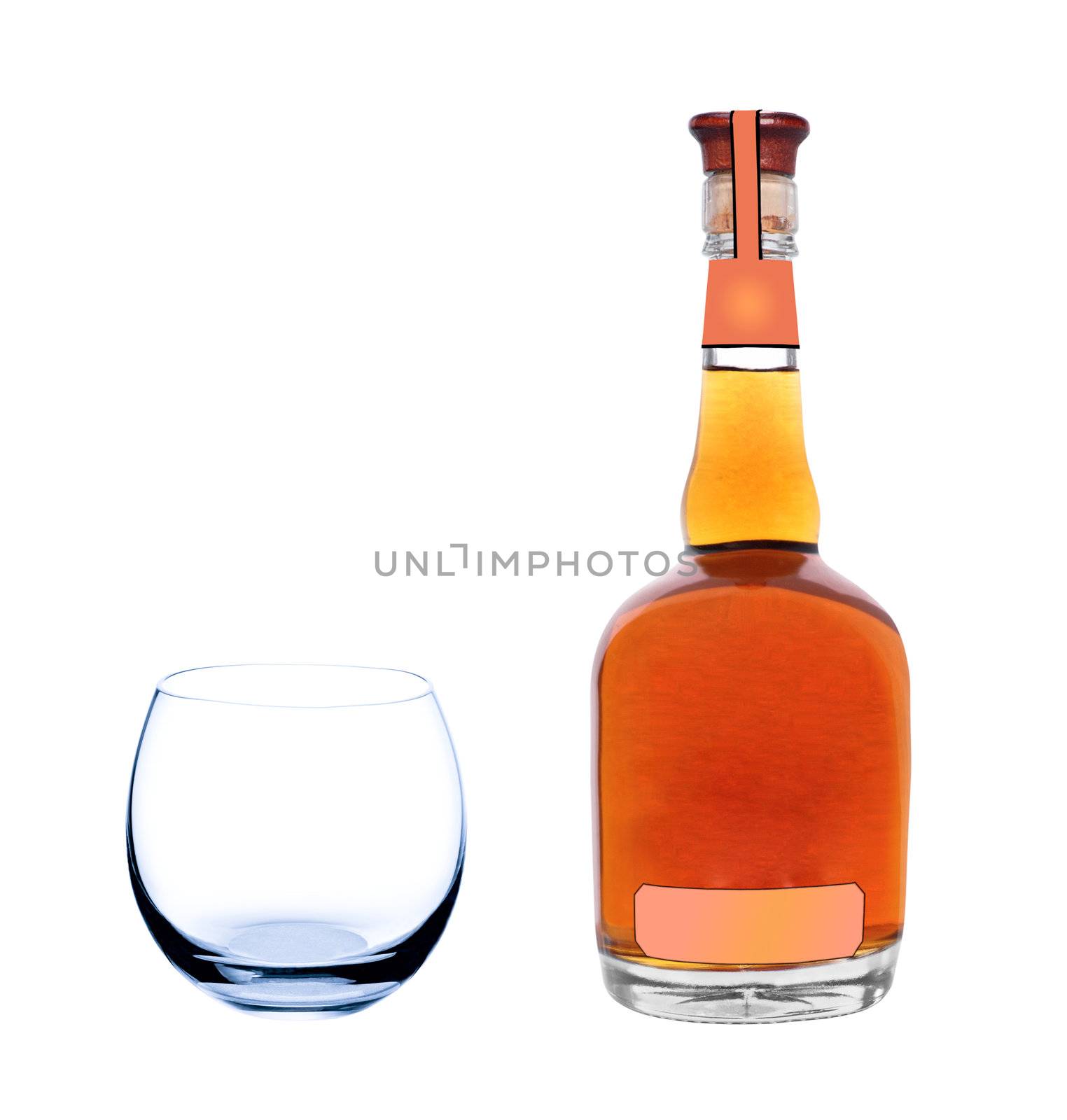 whiskey bottle with empty glass