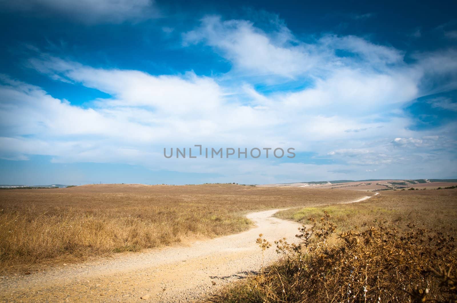 Country road and beautiful cloudscape with blue sky