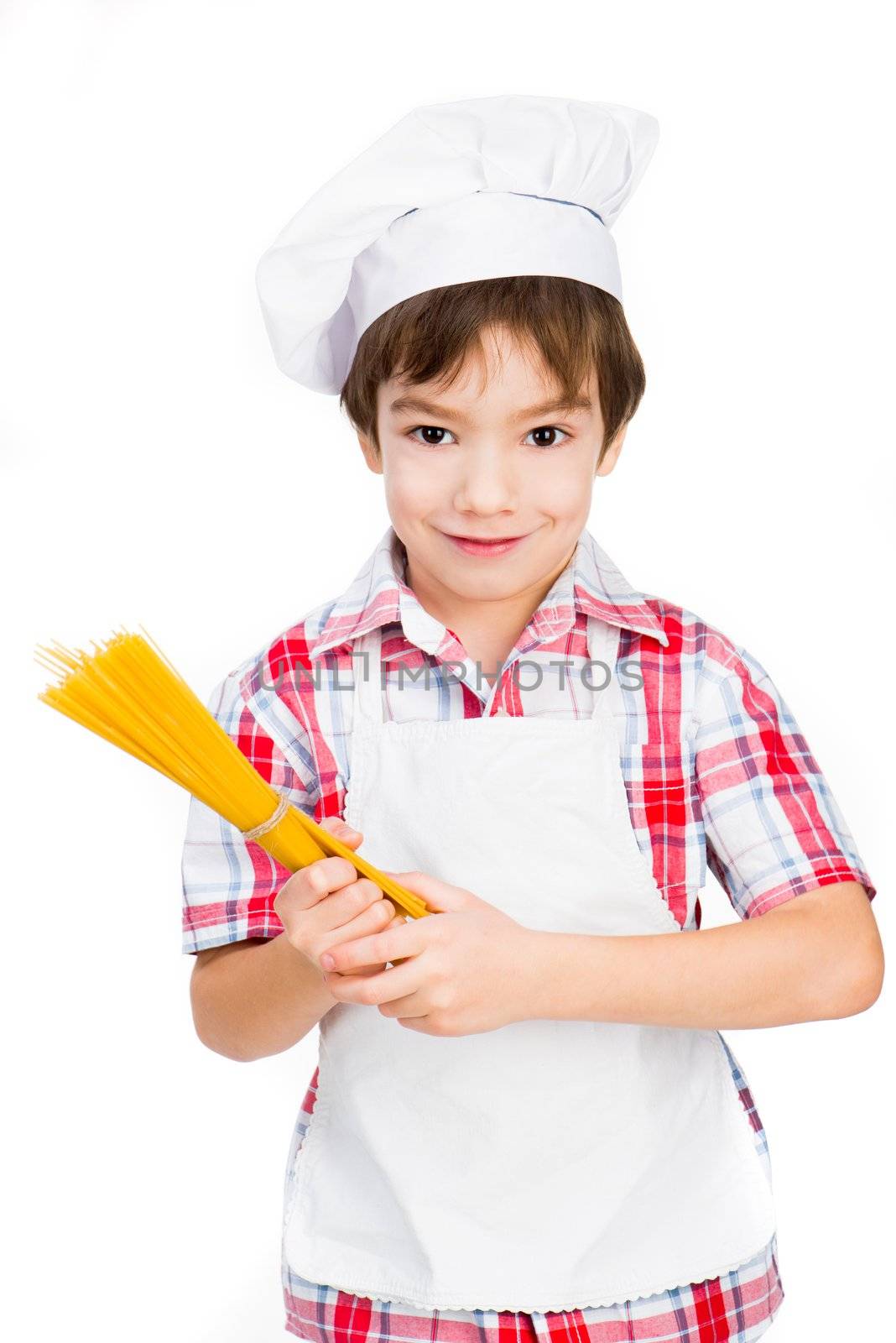 little boy with raw spaghetti isolated on a white background