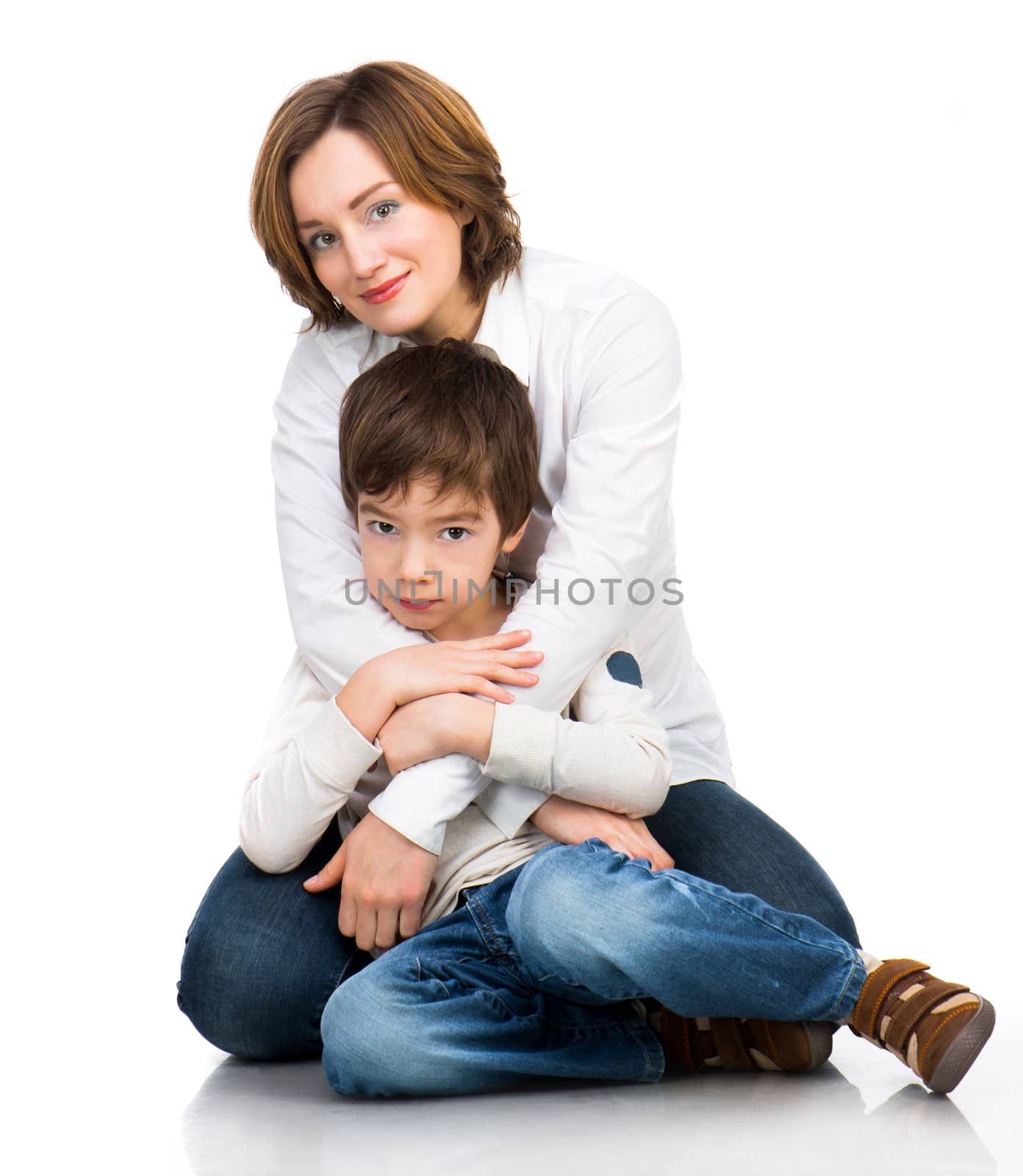 happy mother with son over white