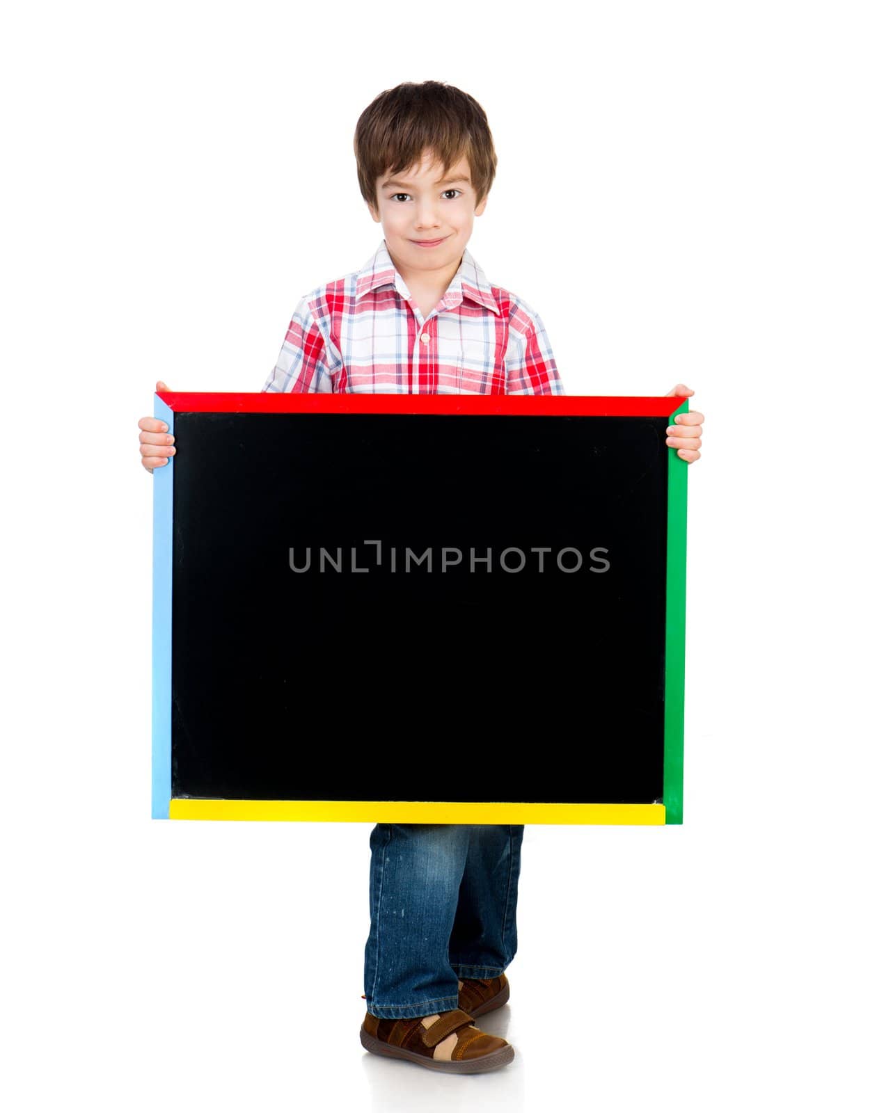 boy holding a blackboard over white background