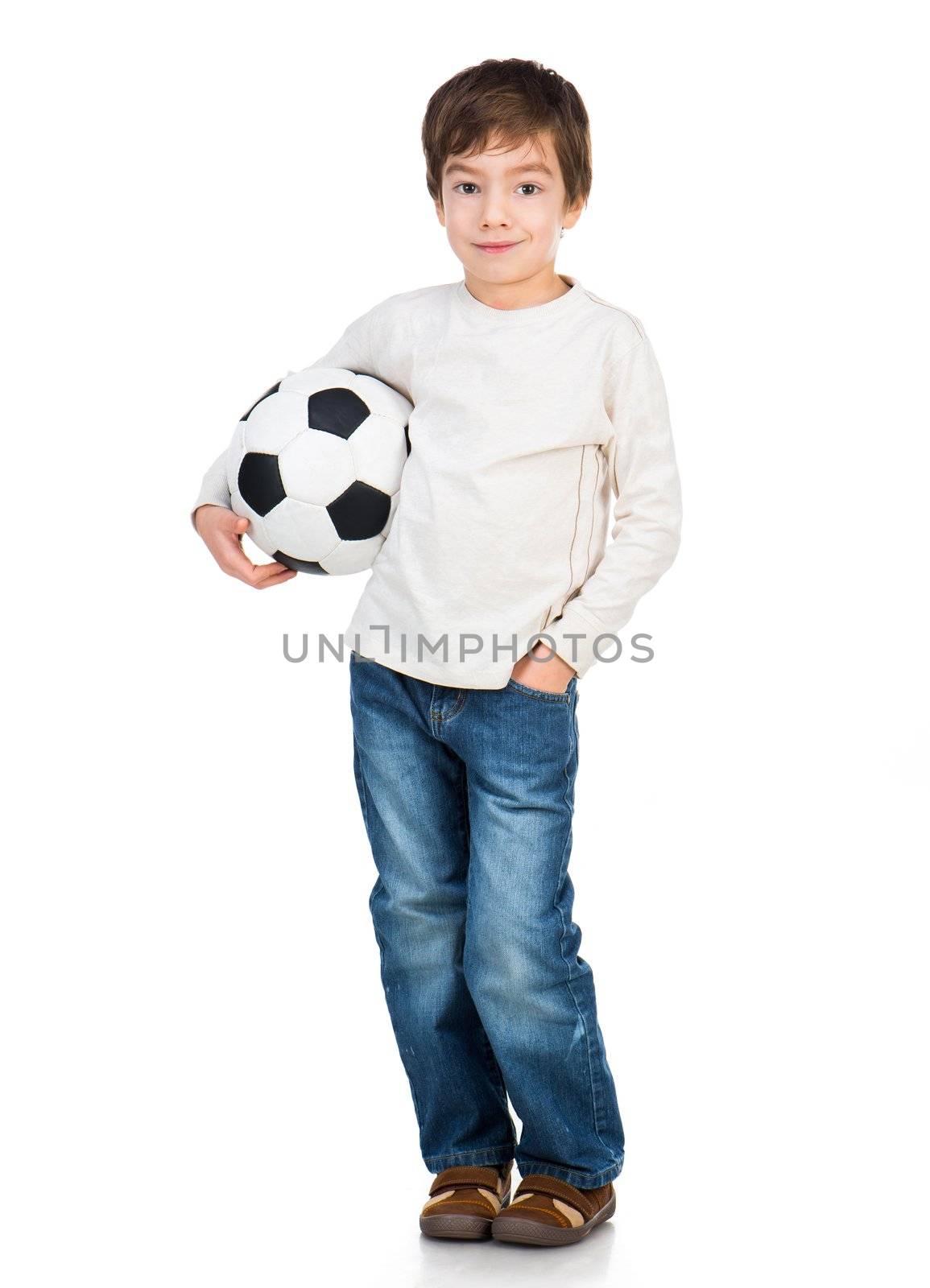 Cute Little boy soccer ball isolated on white