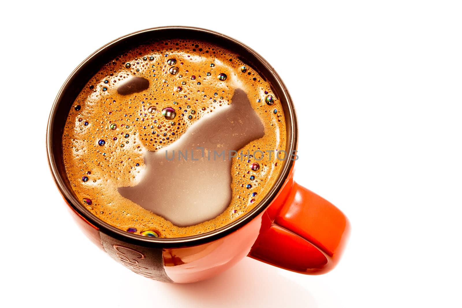 Top view of Red cup of Black coffee isolated on white
