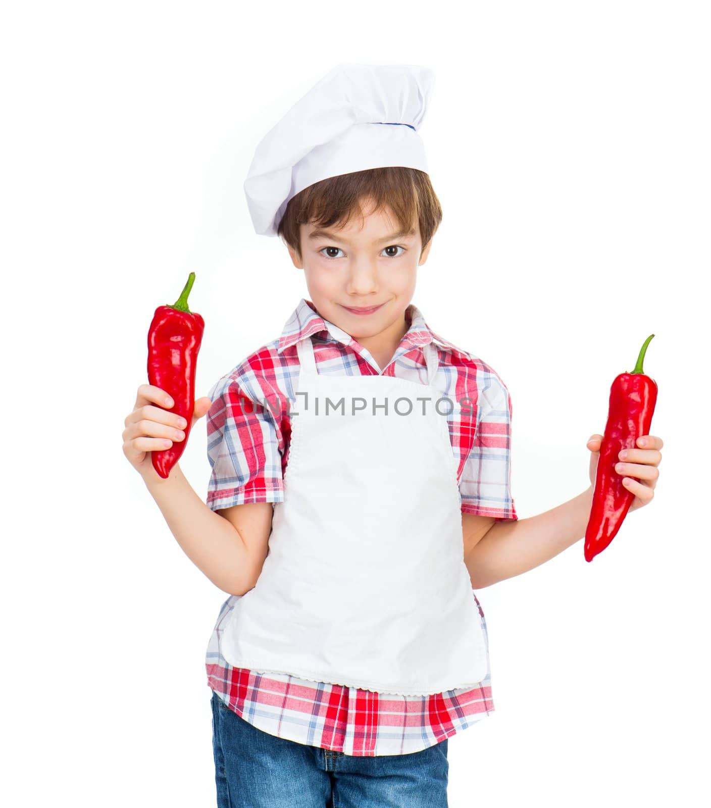 boy with red peppers on a white background