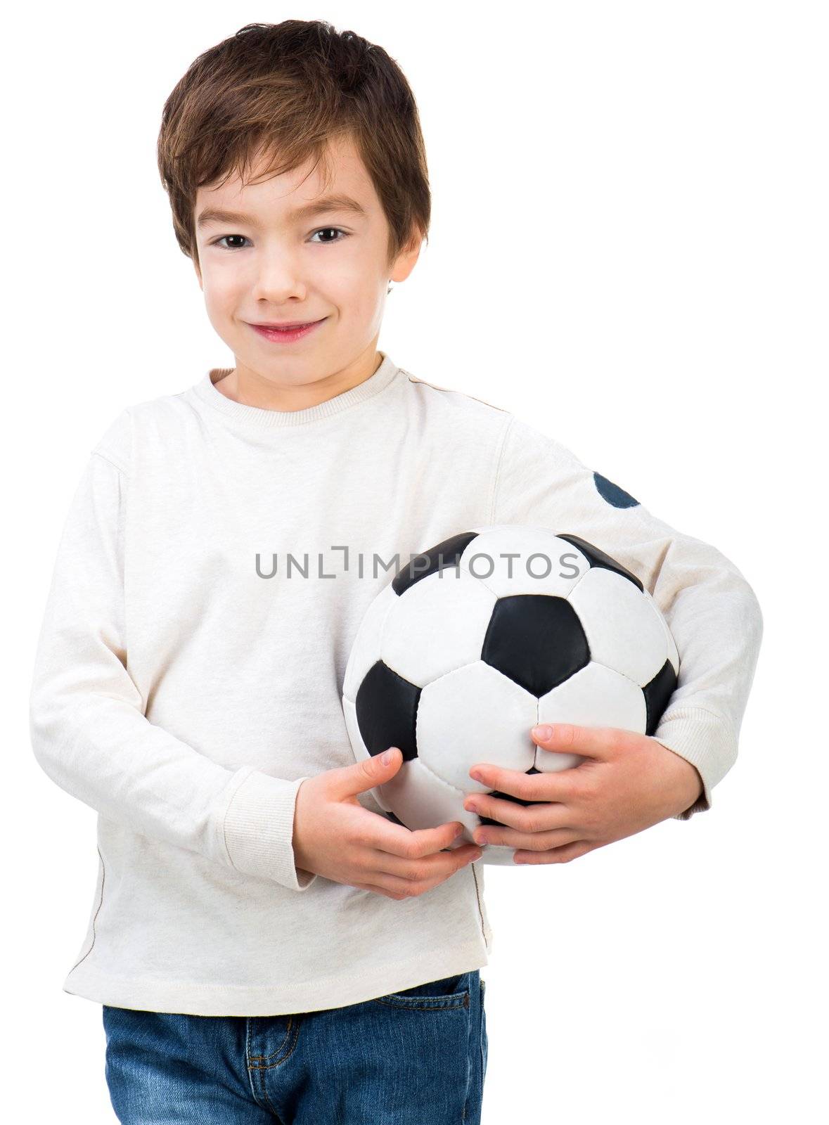Little boy with soccer ball isolated on white