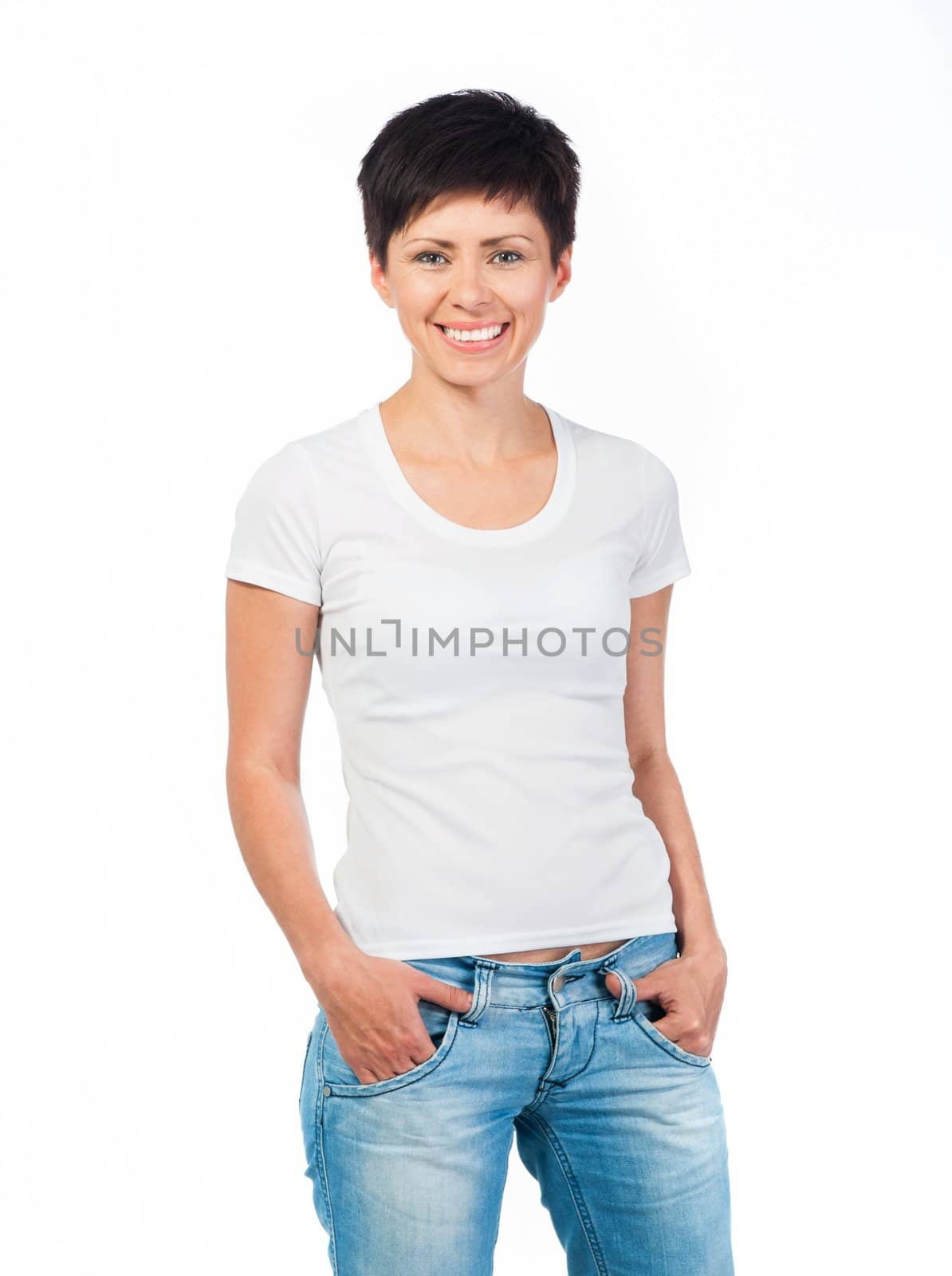 happy girl in blank white t-shirt