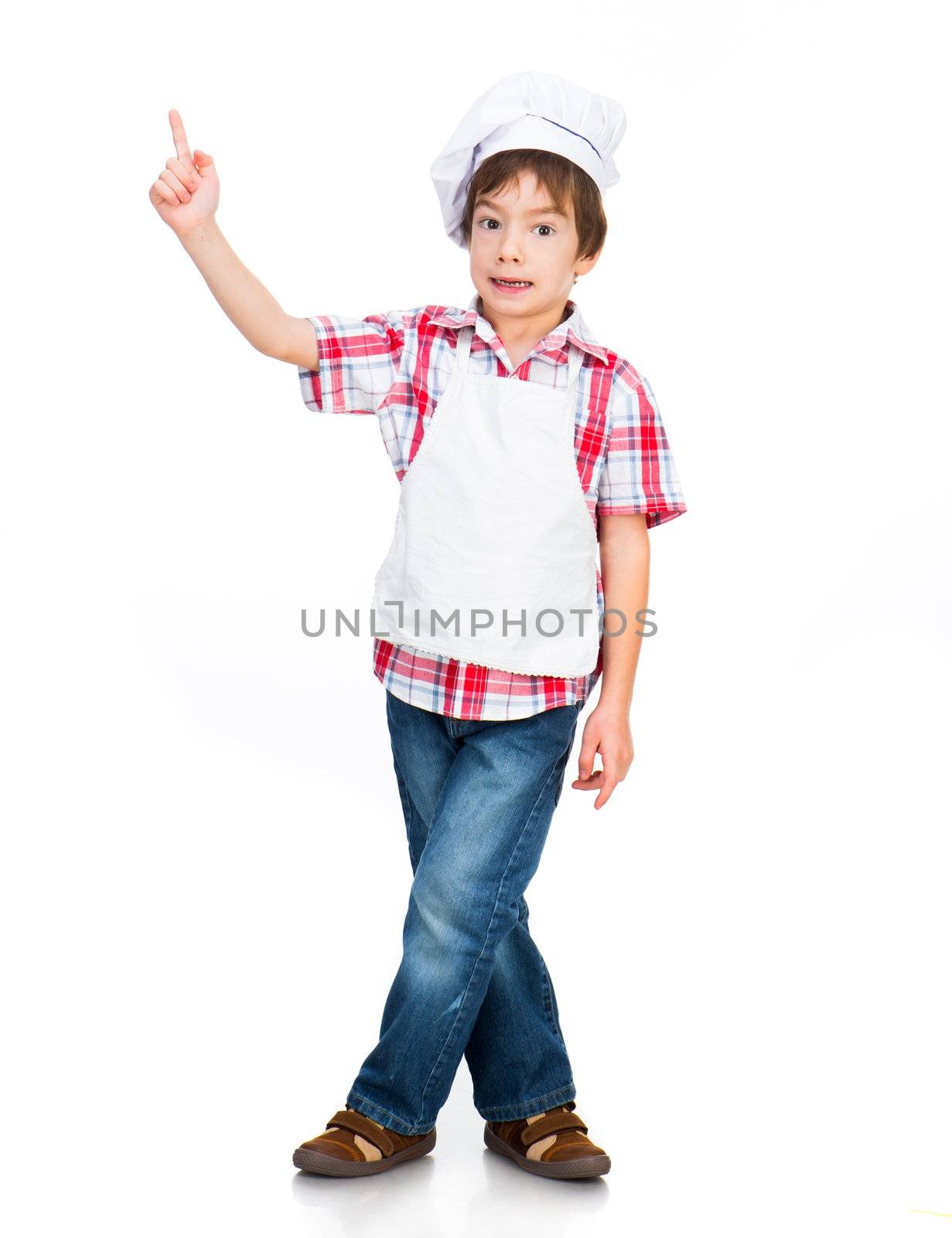 boy dressed as a cook shows up isolated on a white background
