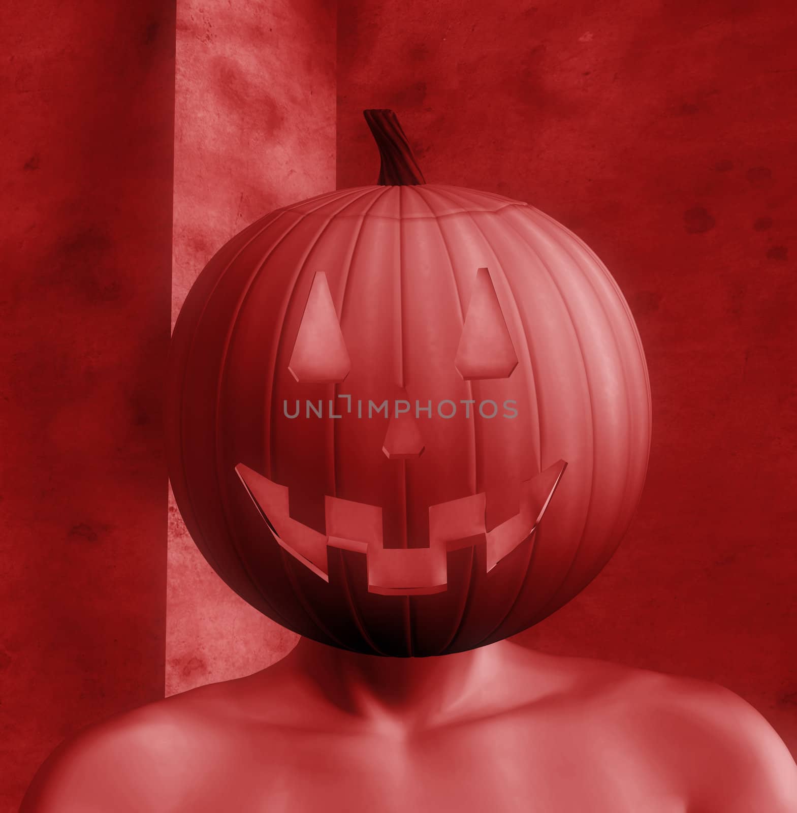 Human figure with halloween pumpkin head. 3d illustration.
