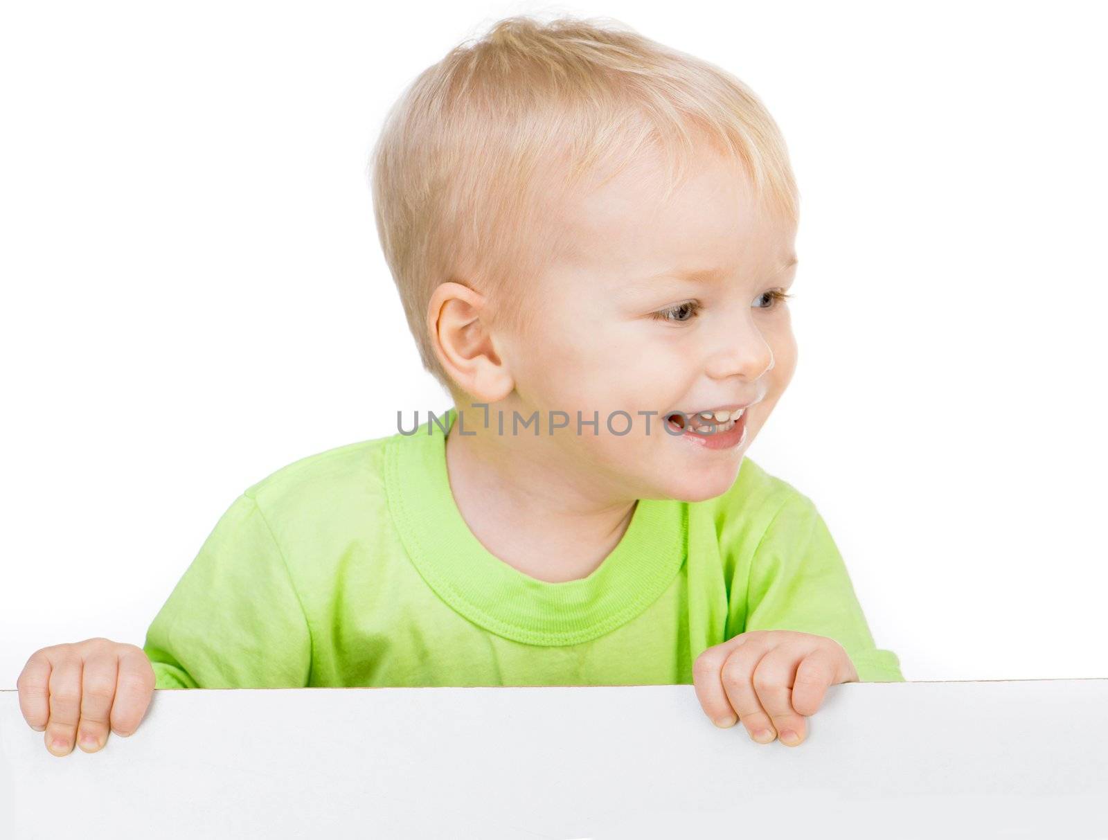 smiling baby with white banner