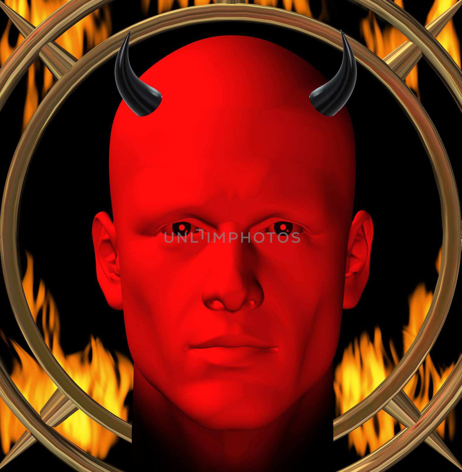 Red devil and hellfire flames. Digital 3d illustration.