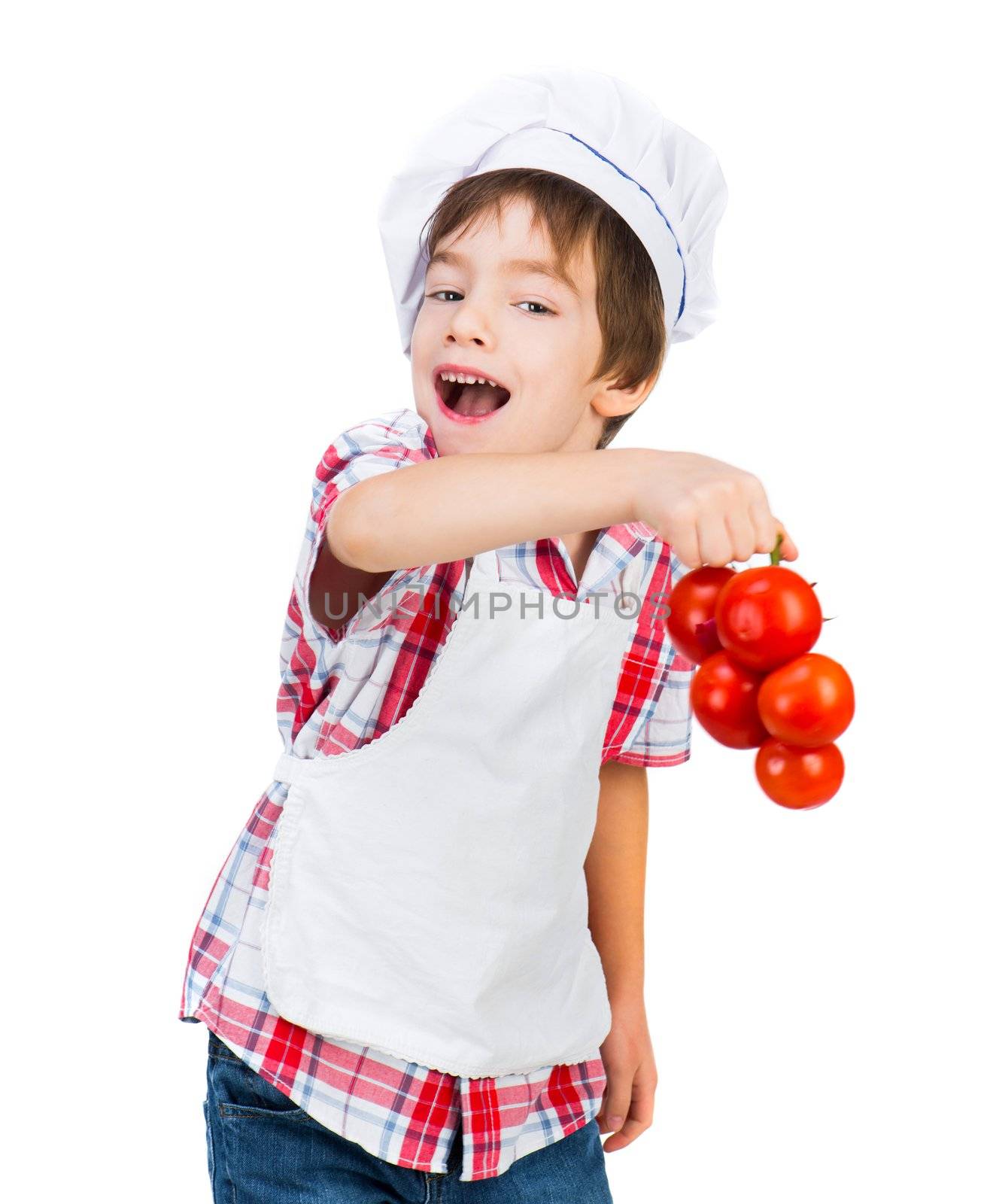 Smiling boy in dress Food Boy with tomatoes on white background
