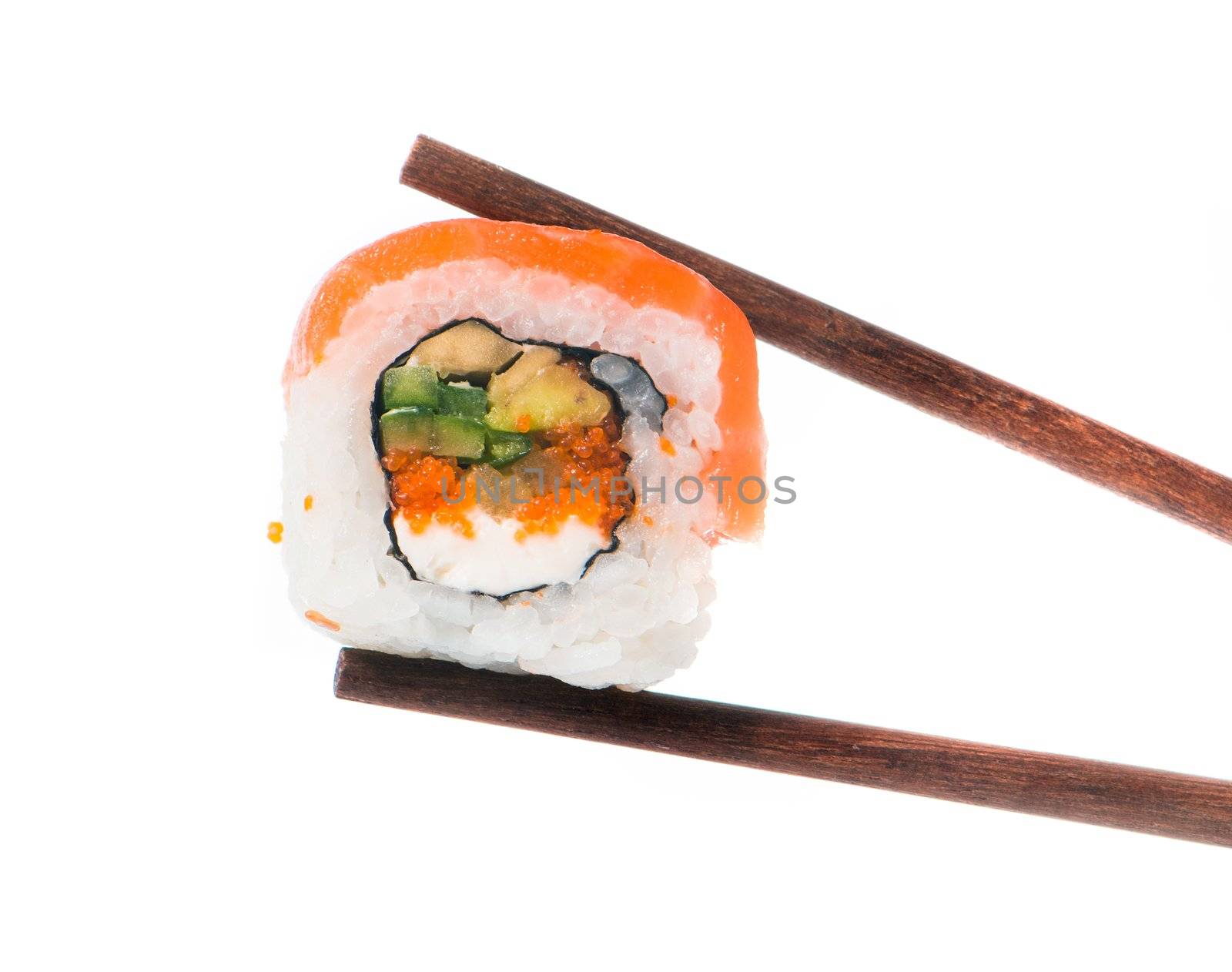 Sushi in chopsticks isolated on a white background