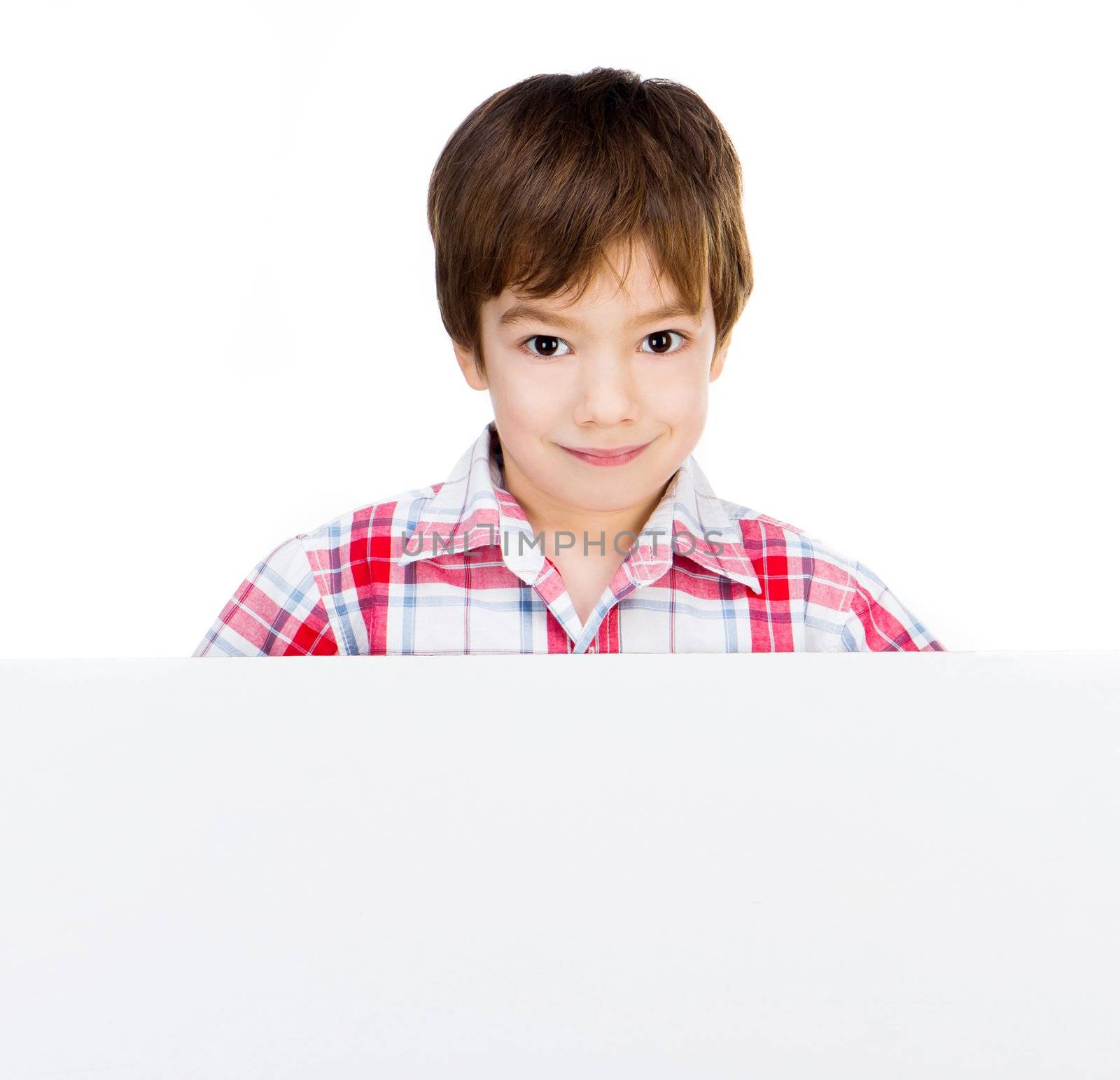 boy with banner isolated on a white background